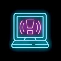 Neon style icon showing laptop displaying warning notification symbol vector