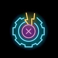 Neon icon of a gear experiencing a system error with lightning bolts vector