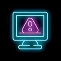 Neon computer icon showing exclamation point warning sign vector