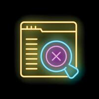 Neon icon of magnifying glass showing website error message vector