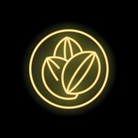 Neon sign representing hazelnuts with leaves inside a circle on black background vector