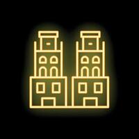 Neon sign of twin buildings with multiple windows glowing at night vector