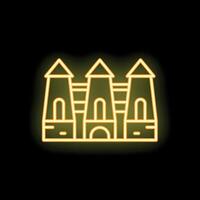 Neon yellow medieval castle icon glowing on black background vector