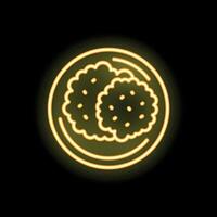Neon sign of two cookies on a plate on black background vector