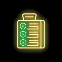 Neon green checklist icon glowing on black background vector
