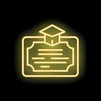 Glowing neon icon of graduation certificate with graduation cap on black background vector