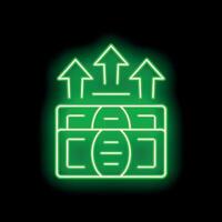 Neon green money increasing value icon with arrows pointing up vector