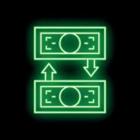 Neon green money transferring icon on black background vector