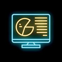 Neon icon of computer screen displaying pie chart and data analysis vector