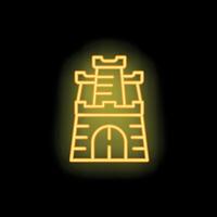 Neon icon of a chinese fortress glowing yellow on black background vector