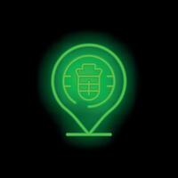 Neon green glowing location pin with coat of arms icon on black background vector