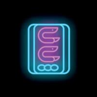 Neon sign with shrimps in a box glowing on a black background vector