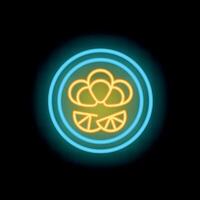 Neon sign showing plate with tangerines and orange slices on black background vector