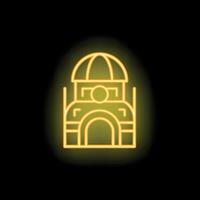 Neon icon of building with dome glowing yellow on black background vector
