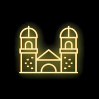 Neon sign illustrating a church building with two towers and a dome roof on a black background vector