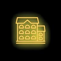 Neon icon of multi storey building with attic on black background vector