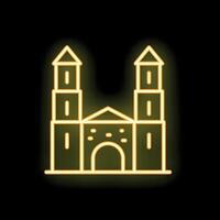 Glowing neon icon of a church building with two towers on a black background vector
