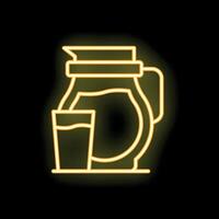 Yellow neon sign showing a pitcher and glass of water or juice on black background vector