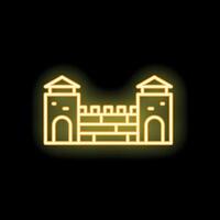Glowing yellow neon icon of a medieval castle wall on black background vector