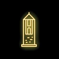 Neon sign representing a medieval tower with arch windows glowing on a black background vector