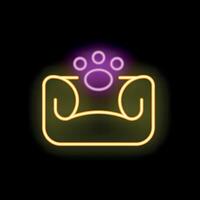 Neon sign of dog bed with paw print glowing on black background vector