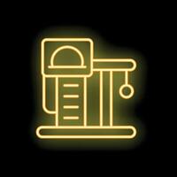 Neon yellow cat tree icon with hanging ball toy on black background vector