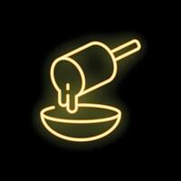 Neon sign of honey dipper dripping into bowl on black background vector