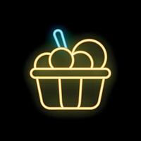 Neon sign of ice cream balls in waffle basket on black background vector