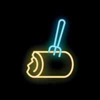 Neon sign of a fork piercing a swiss roll cake slice vector