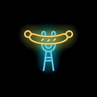 Neon sign representing a sausage being grilled on a fork on a black background vector