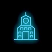 Blue neon sign of a building with a clock tower on a black background vector