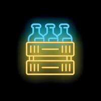 Neon sign with beer bottles in wooden crate shining on black background vector