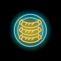 Neon sign showing sausages on a plate on black background vector