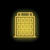 Yellow neon sign depicting an office building with glowing windows on a black background vector