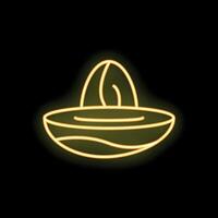Neon sign of manual citrus juicer squeezing juice from lemon fruit on black background vector