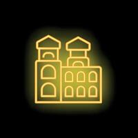 Yellow neon sign of a building with arches and towers on black background vector