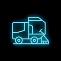 Blue neon icon of a combine harvester working on black background vector