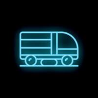 Blue neon sign of a train running on rails on a black background vector