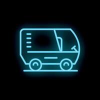 Blue neon icon of an autonomous shuttle is glowing on a black background vector