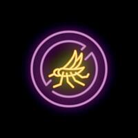 Neon sign depicting mosquito repellent warning sign with glowing insect silhouette on black background vector