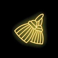 Neon sign of two witch's broomsticks glowing yellow on black background vector