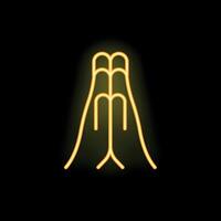 Two hands representing praying gesture in yellow neon light style vector