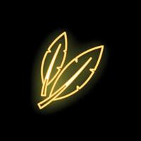 Neon sign of two feathers glowing on black background vector
