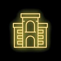 Neon yellow building facade with tower and windows on black background vector
