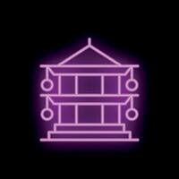 Neon sign representing a pagoda building shining on black background vector