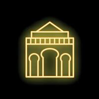 Neon yellow mosque building glowing on black background vector