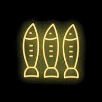 Yellow neon sign showing three fish on a black background vector