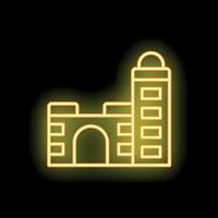 Yellow neon sign of a building with a tower glowing on black background vector