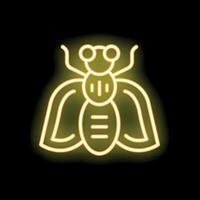 Neon style icon of a fly with spread wings glowing on black background vector