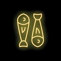 Neon sign showing two cooked fish on black background vector